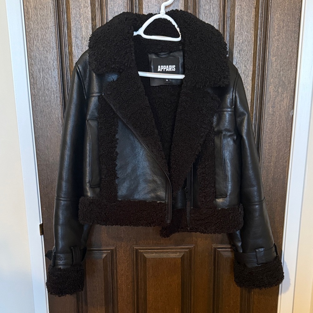 Apparis Black Leather Shearling Jacket in Medium